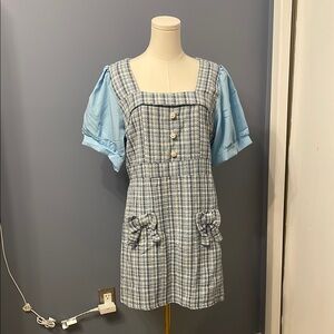 🆕 Blue Plaid Dress with Puff Sleeves